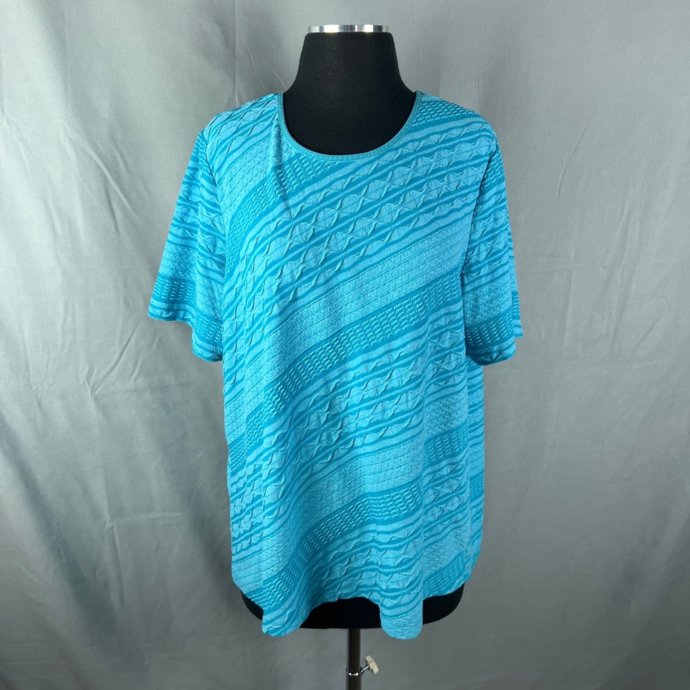 CJ Banks Knitted Top Womens 1X Plus Blue Stretch Crinkle Textured Short Sleeve